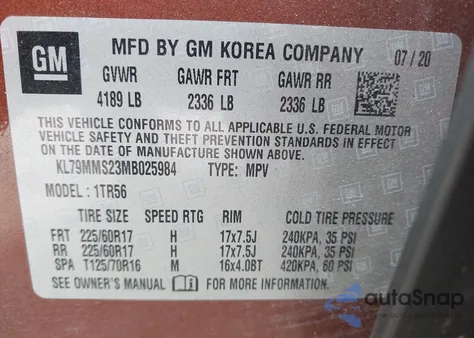 2021 Chevrolet Trailblazer Fwd Ls z USA, uszkodzony, nr VIN KL79MMS23MB025984